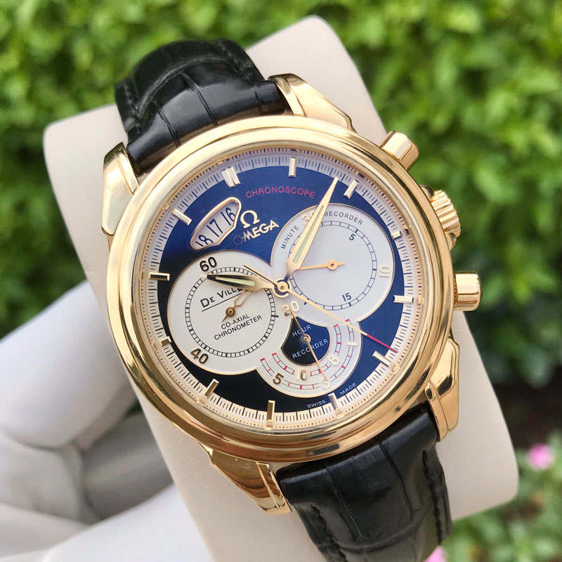 Đồng hồ nam dây da cao cấp Omega Deville Coaxial Gmt Chronometer 39mm 18k Rose Gold Like New 98% Full Box